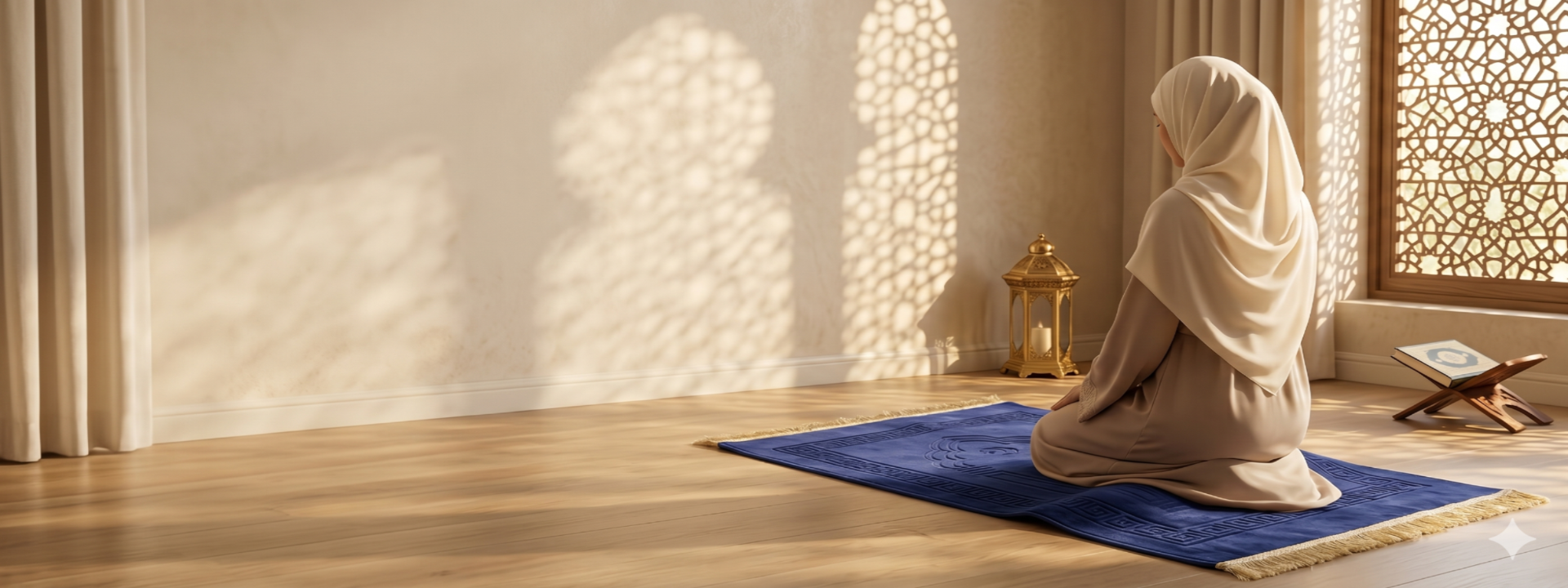 Person in a hijab praying on a blue rug in a sunlit room.